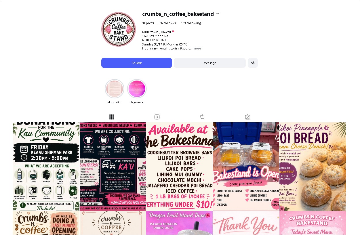Crumbs N Coffee Bakestand Instagram - baked goods in Kurtistown